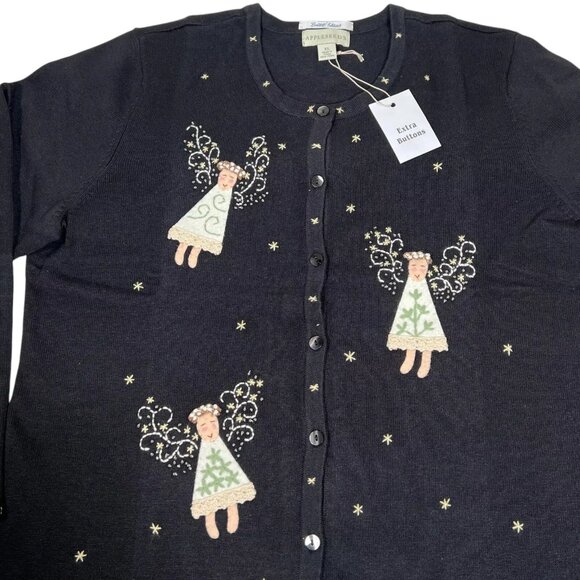 Limited Edition Appleseed's Womens Black Christmas Angels Cardigan Sweater Sz XL - Picture 6 of 16